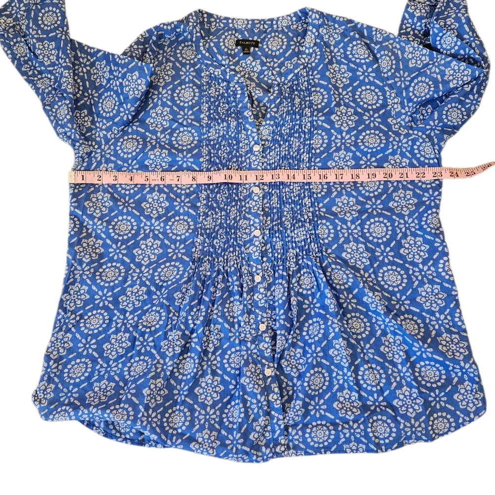 Talbots Women's Patterned Button Up Blouse Size XL Pleated Blue White 3/4 Sleeve - Picture 10 of 12